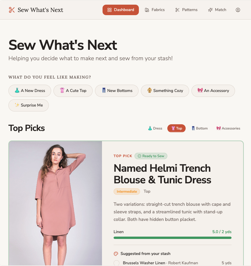 Sew What's Next sewing planner dashboard